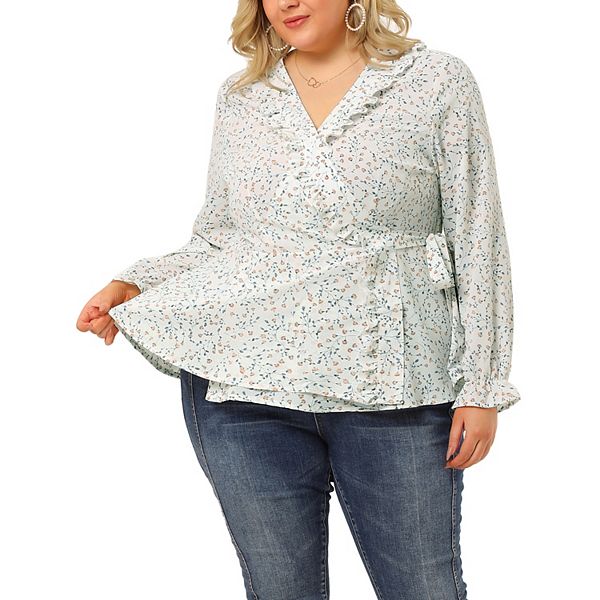Women's Plus Peplum Blouse Ruffle V Neck Floral Long Sleeve Wrap Top