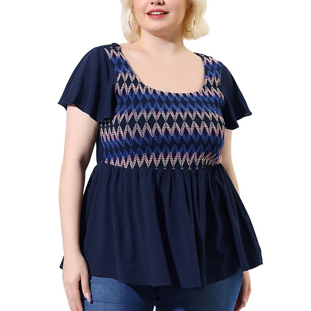 Women's Plus Size Tops Boho Flare Hem Short Sleeve Smocked Peplum Top