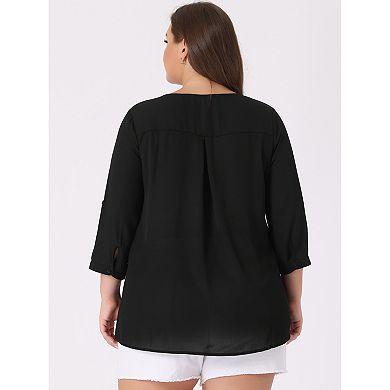 Women's Plus Size Tops Split Neck High Low Hem 3/4 Sleeves Chiffon Blouse