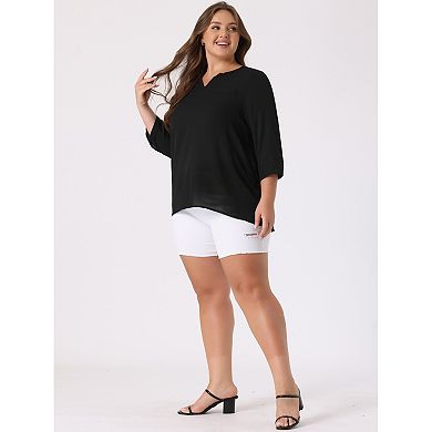 Women's Plus Size Tops Split Neck High Low Hem 3/4 Sleeves Chiffon Blouse