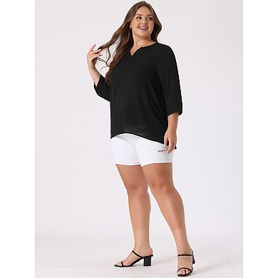 Women's Plus Size Work Fashion Plain 3/4 Sleeves Split V Neck Tops