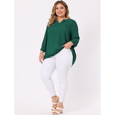 Women's Plus Size Tops Split Neck High Low Hem 3/4 Sleeves Chiffon