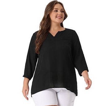 Women's Plus Size Work Fashion Plain 3/4 Sleeves Split V Neck Tops
