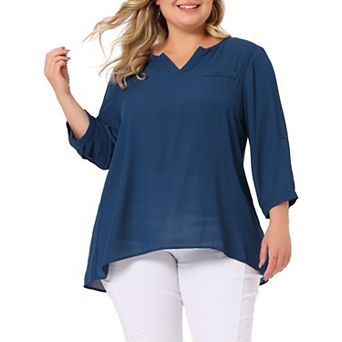 Women's Plus Size Work Fashion Plain 3/4 Sleeves Split V Neck Tops