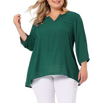 Women's Plus Size Work Fashion Plain 3/4 Sleeves Split V Neck Tops