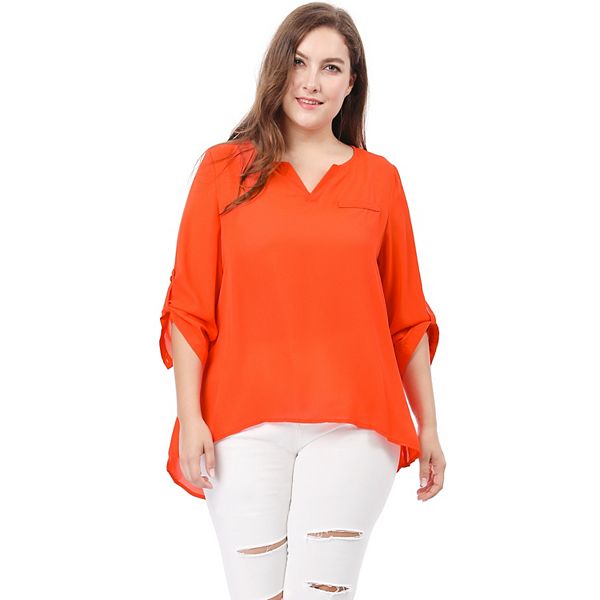Women's Plus Size Work Fashion Plain 3/4 Sleeves Split V Neck Tops