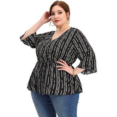 Women's Plus Size Boho Striped Peplum Long Sleeve Top