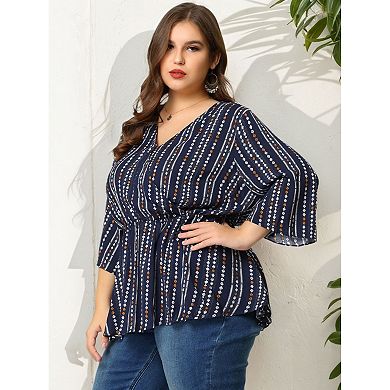 Women's Plus Size Boho Striped Peplum Long Sleeve Top