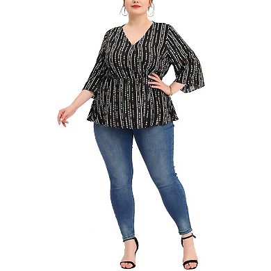 Women's Plus Size Boho Striped Peplum Long Sleeve Top