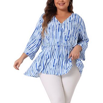 Women's Plus Size Boho Striped Peplum Long Sleeve Top