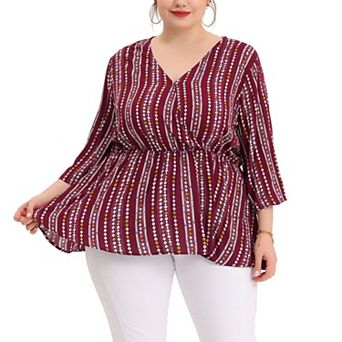 Women's Plus Size Boho Striped Peplum Long Sleeve Top