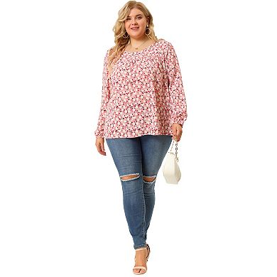 Plus Size Summer Shirts for Women Floral Printed Pleated Round Neck Long Sleeve Blouses Tops