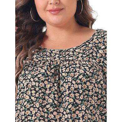 Plus Size Summer Shirts for Women Floral Printed Pleated Round Neck Long Sleeve Blouses Tops