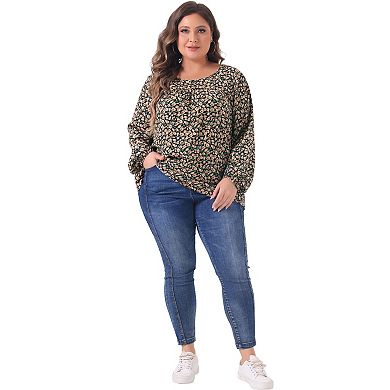 Plus Size Summer Shirts for Women Floral Printed Pleated Round Neck Long Sleeve Blouses Tops