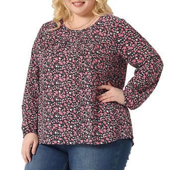 Plus Size Summer Shirts for Women Floral Printed Pleated Round Neck Long Sleeve Blouses Tops