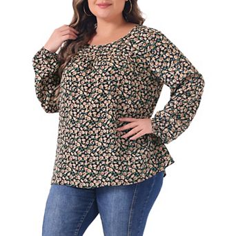 Plus Size Summer Shirts for Women Floral Printed Pleated Round Neck Long Sleeve Blouses Tops