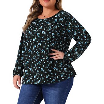 Plus Size Summer Shirts for Women Floral Printed Pleated Round Neck Long Sleeve Blouses Tops
