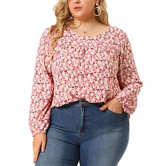 Plus Size Summer Shirts for Women Floral Printed Pleated Round Neck Long Sleeve Blouses Tops