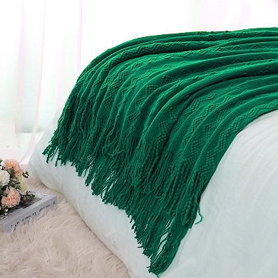 Wavy Pattern Knit Fringe Throw Blanket For Bed Sofa Couch Decoration Throw 50"x60"
