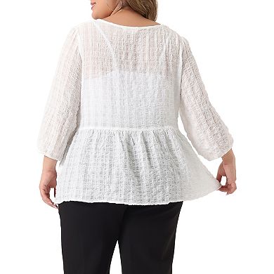 Women's Plus 3/4 Puffy Sleeve Cinched Waist Ruffle Peplum Blouse