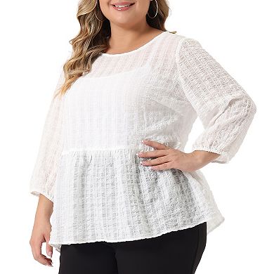 Women's Plus 3/4 Puffy Sleeve Cinched Waist Ruffle Peplum Blouse