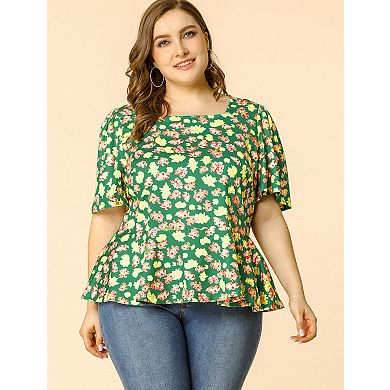 Women's Plus Size Retro Ditsy Floral Short Sleeve Babydoll Blouse