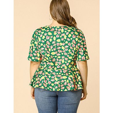 Women's Plus Size Retro Ditsy Floral Short Sleeve Babydoll Blouse