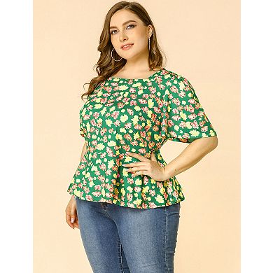 Women's Plus Size Retro Ditsy Floral Short Sleeve Babydoll Blouse