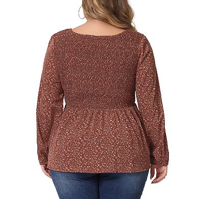 Women's Plus Size Square Neck Smock Waist Floral Peplum Blouse