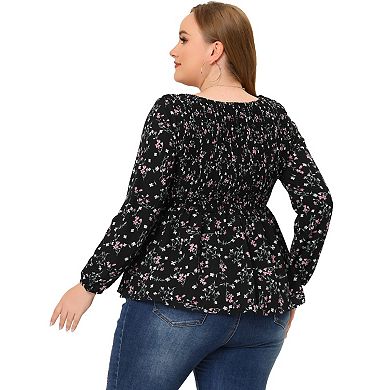 Women's Plus Size Square Neck Smock Waist Floral Peplum Blouse