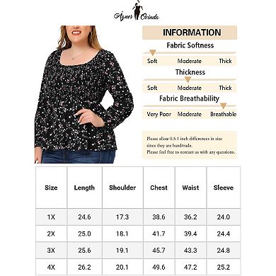 Women's Plus Size Square Neck Smock Waist Floral Peplum Blouse