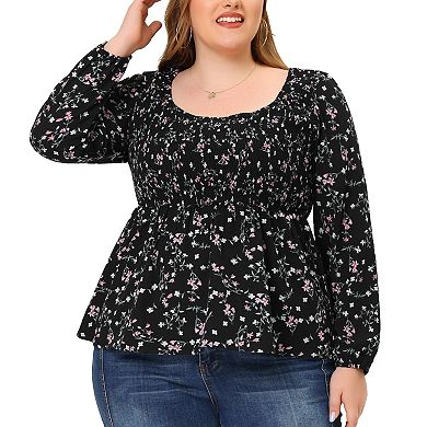 Women's Plus Size Square Neck Smock Waist Floral Peplum Blouse