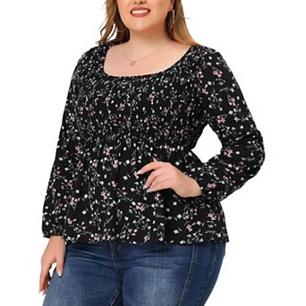 Women's Plus Size Square Neck Smock Waist Floral Peplum Blouse