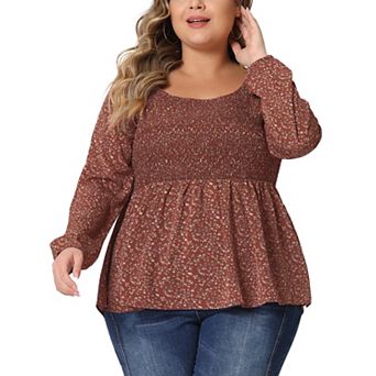Women's Plus Size Square Neck Smock Waist Floral Peplum Blouse