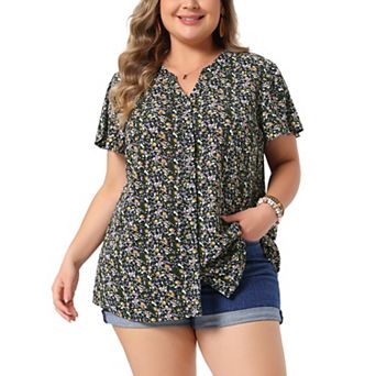Women's Plus Size Button Down Flare Short Sleeve Chiffon Blouse