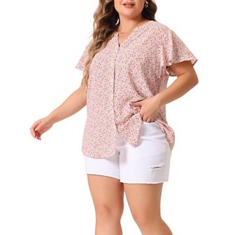 Women's Plus Size Button Down Flare Short Sleeve Chiffon Blouse