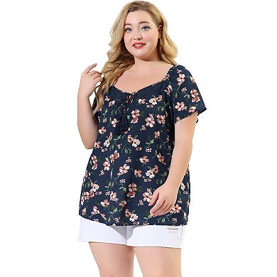 Women's Plus Size Blouse Short Sleeve Tie Neck Floral Print Casual Blouses Tops