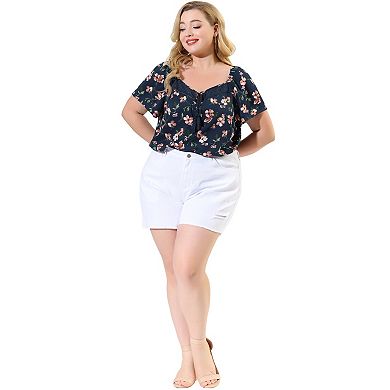 Women's Plus Size Blouse Short Sleeve Tie Neck Floral Print Casual Blouses Tops