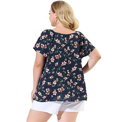 Women's Plus Size Blouse Short Sleeve Tie Neck Floral Print Casual Blouses Tops