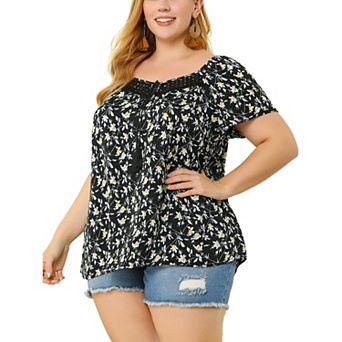 Women's Plus Size Blouse Short Sleeve Tie Neck Floral Print Casual Blouses Tops