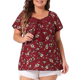 Women's Plus Size Blouse Short Sleeve Tie Neck Floral Print Casual Blouses Tops