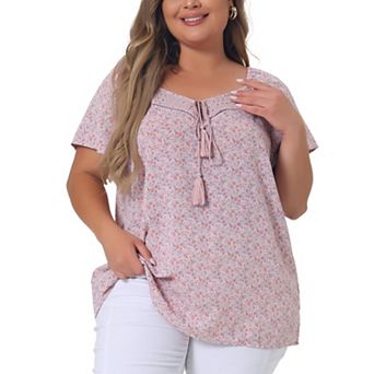 Women's Plus Size Blouse Short Sleeve Tie Neck Floral Print Casual Blouses Tops