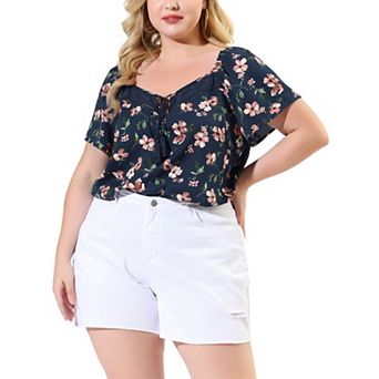 Women's Plus Size Blouse Short Sleeve Tie Neck Floral Print Casual Blouses Tops