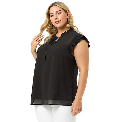 Women's Plus Size Tie Neck Semi-Sheer Layered Sleeve Ruffle Blouse