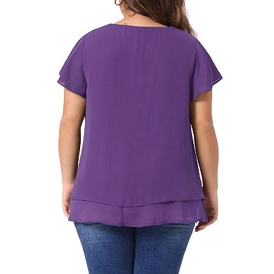 Women's Plus Top Casual Flare Sleeve Double Layers Chiffon Blouse