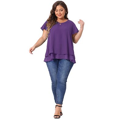 Women's Plus Top Casual Flare Sleeve Double Layers Chiffon Blouse