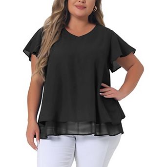 Women's Plus Top Casual Flare Sleeve Double Layers Chiffon Blouse