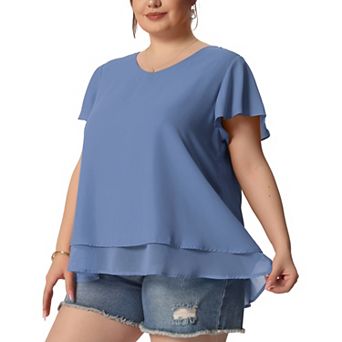 Women's Plus Top Casual Flare Sleeve Double Layers Chiffon Blouse