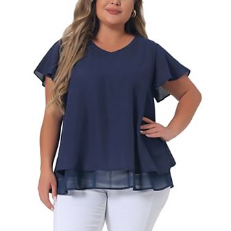 Women's Plus Top Casual Flare Sleeve Double Layers Chiffon Blouse