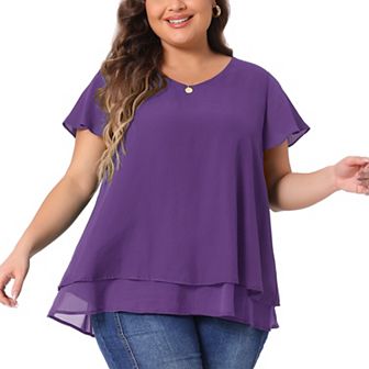 Women's Plus Top Casual Flare Sleeve Double Layers Chiffon Blouse